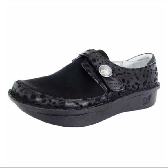 Alegria Shoes - Alegria Den 435 Women's Black Embossed Leather Neoprene Comfort Shoes Clog